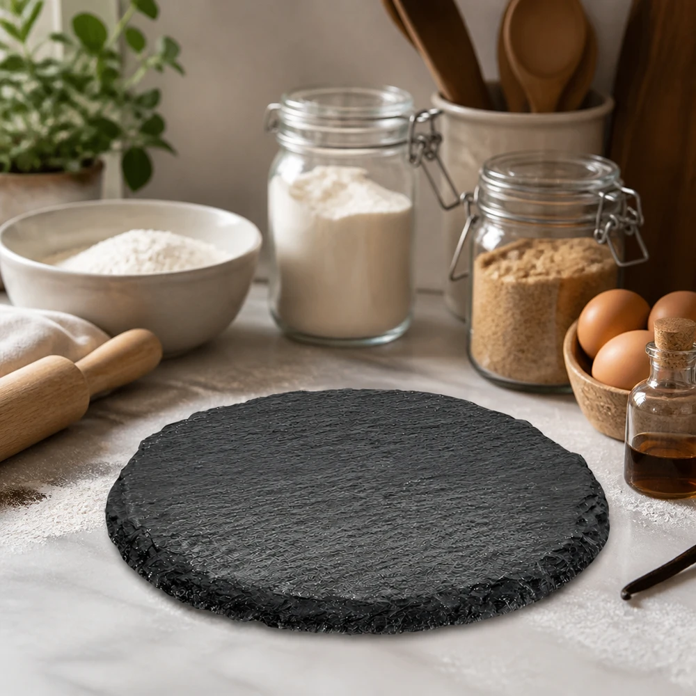 Servierplatte aus Schiefer rund ø150mm Schieferplatte rund 15cm in Bäckerei-Ambiente mit Mehl, Eiern und Backzutaten als professionelle Präsentationsfläche