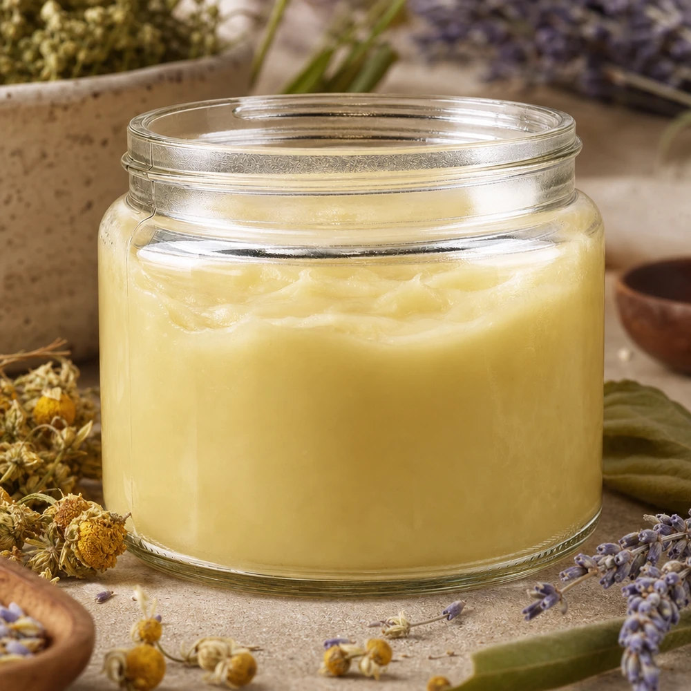 Salbenglas (Glastiegel) 250 ml klar, ohne Deckel Glastiegel 250ml mit cremiger gelber Salbe befüllt umgeben von Kamille und Lavendel professionelle Kosmetikverpackung