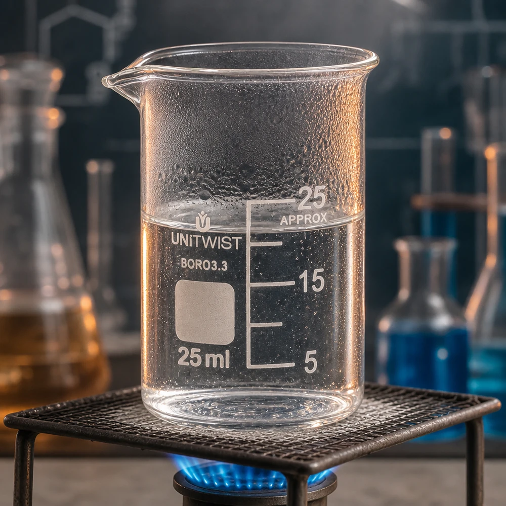 Becherglas 25ml Borosilikat niedrige Form UNiTWIST für Labor und Gewerbe auf Brenner