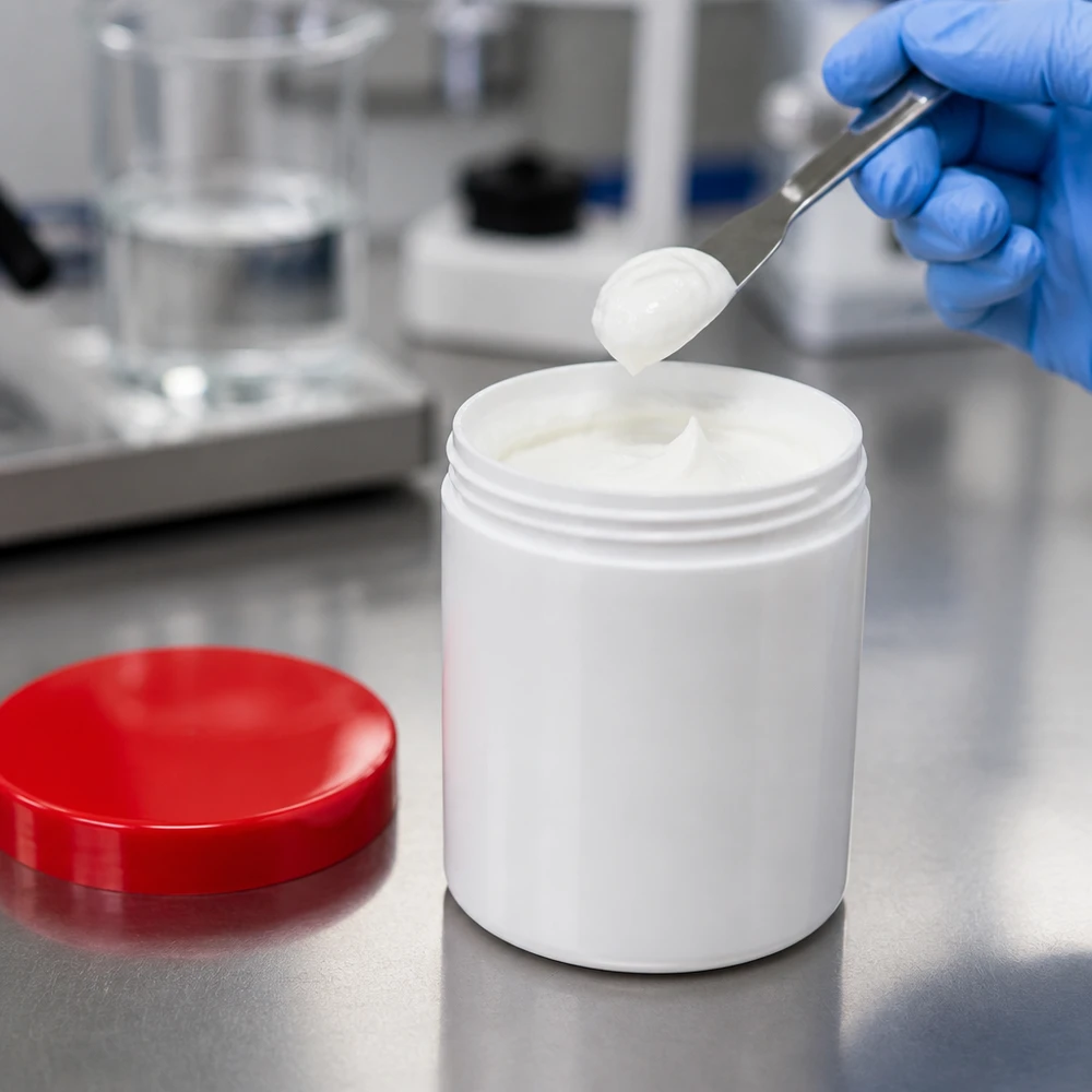 Weiße PP-Salbenkruke 30ml mit rotem Schraubdeckel im Labor für professionelle pharmazeutische Anwendung