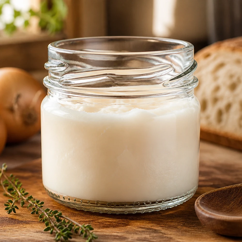 UNiTWIST Runda33 - Rundglas Inhalt 33ml TO43 Rundglas UNiTWIST Runda33 33ml TO43 mit weißer Creme gefüllt auf Holztisch gewerbliche Lebensmittelverpackung