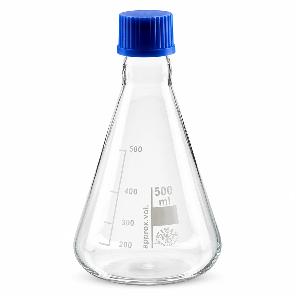 Erlenmeyerkolben 500ml Glas mit blauer Schraubkappe für Labor und Industrie bei Pacadura.de