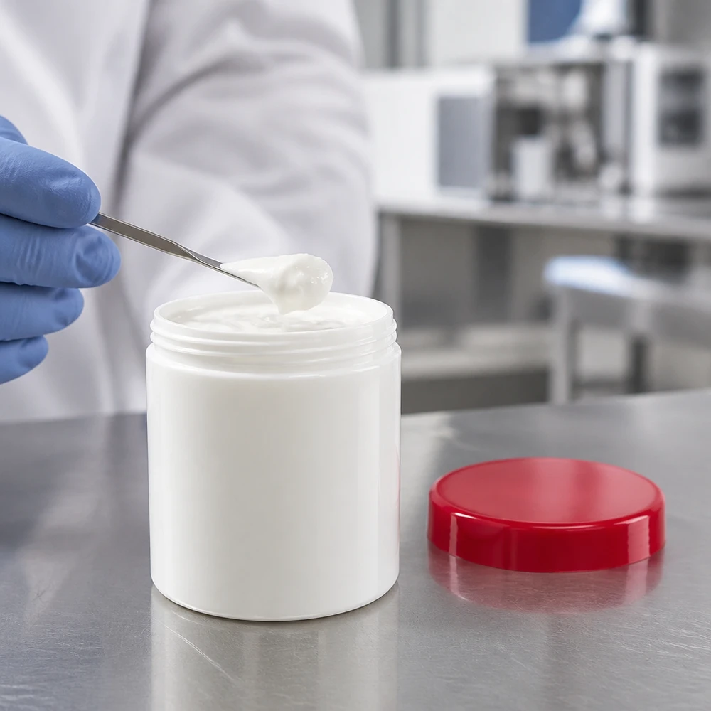 Salbenkruke 10g weiß mit rotem Schraubdeckel (Polypropylen) Weiße PP-Salbenkruke 10g mit rotem Schraubdeckel im Labor professionell geöffnet