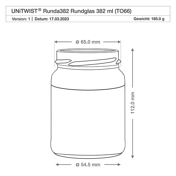 UNiTWIST Runda382 Rundglas 382ml TO66 technische Zeichnung mit Maßangaben Durchmesser 65mm Höhe 112mm Gewicht 185g