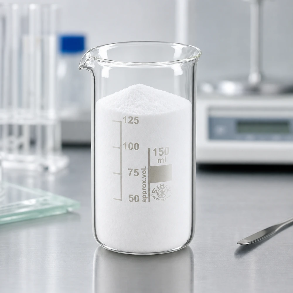 Becherglas 150 ml hohe Form aus Borosilikatglas mit weißem Pulver im Labor gefüllt