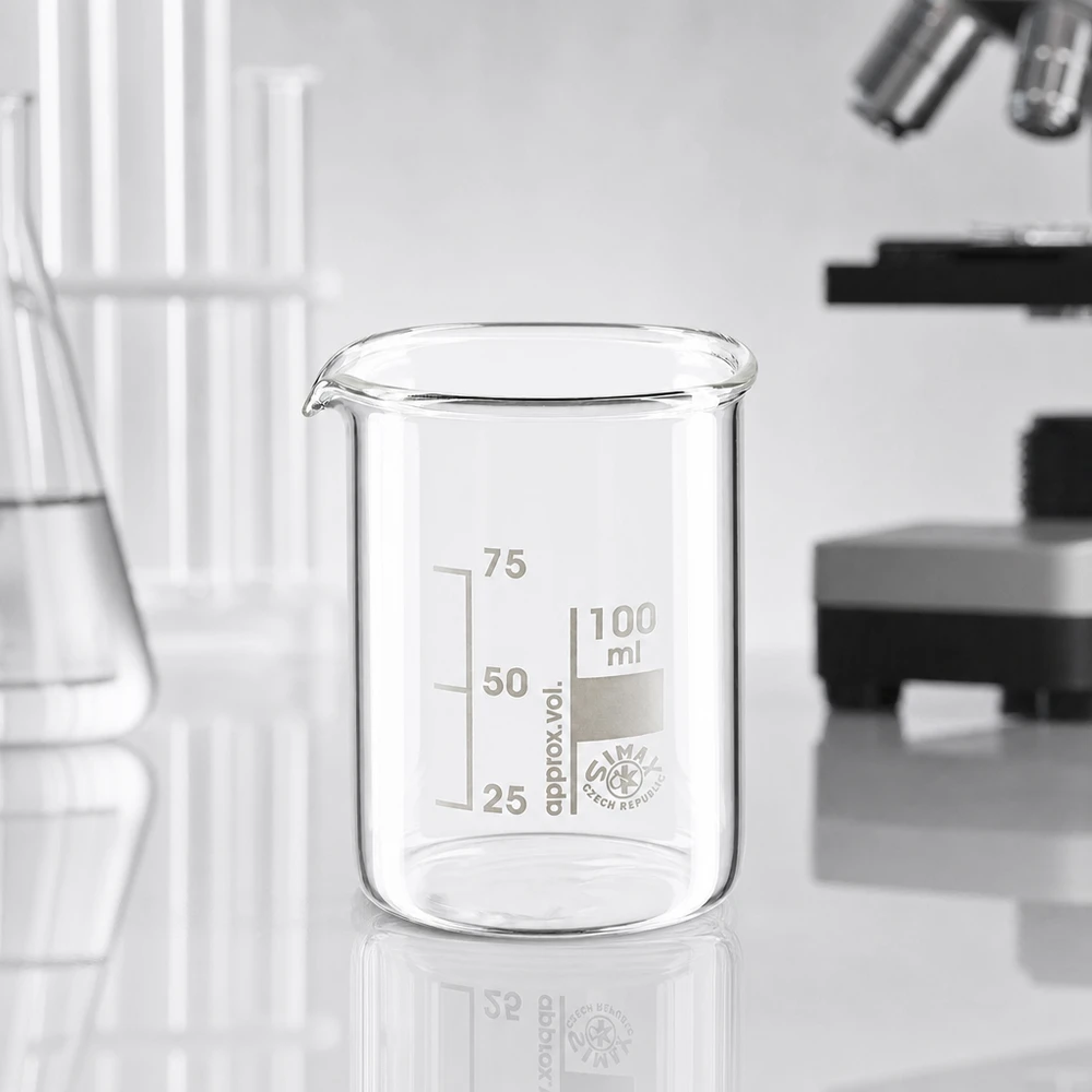 Becherglas 100ml Borosilikatglas, niedrige Form Becherglas 100ml niedrige Form aus Borosilikatglas für professionelle Laboranwendungen bei Pacadura.de