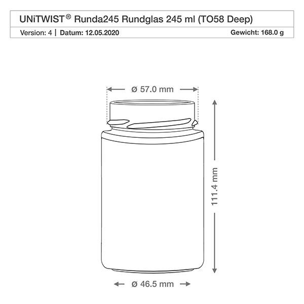UNiTWIST Runda245 Rundglas 245ml TO58 Deep technische Zeichnung mit Maßen 57mm Durchmesser 111,4mm Höhe 168g