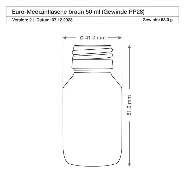 50ml Medizinflasche braun, ohne Verschluss PP28 ApoGlas 50ml Medizinflasche braun aus Glas ohne Verschluss PP28 Gewinde für professionelle Anwendung bei Pacadura