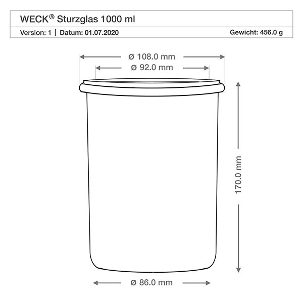 Technische Zeichnung WECK Sturzglas 1000ml RR100 mit Maßangaben Durchmesser 108mm 92mm 86mm Höhe 170mm Spezifikation