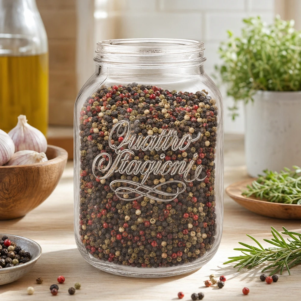 3000ml Rundglas "Quattro Stagioni" QS110mm 3000ml Haushaltsglas Quattro Stagioni gefüllt mit bunten Pfefferkörnern in moderner Küche mit Kräutern und Gewürzen