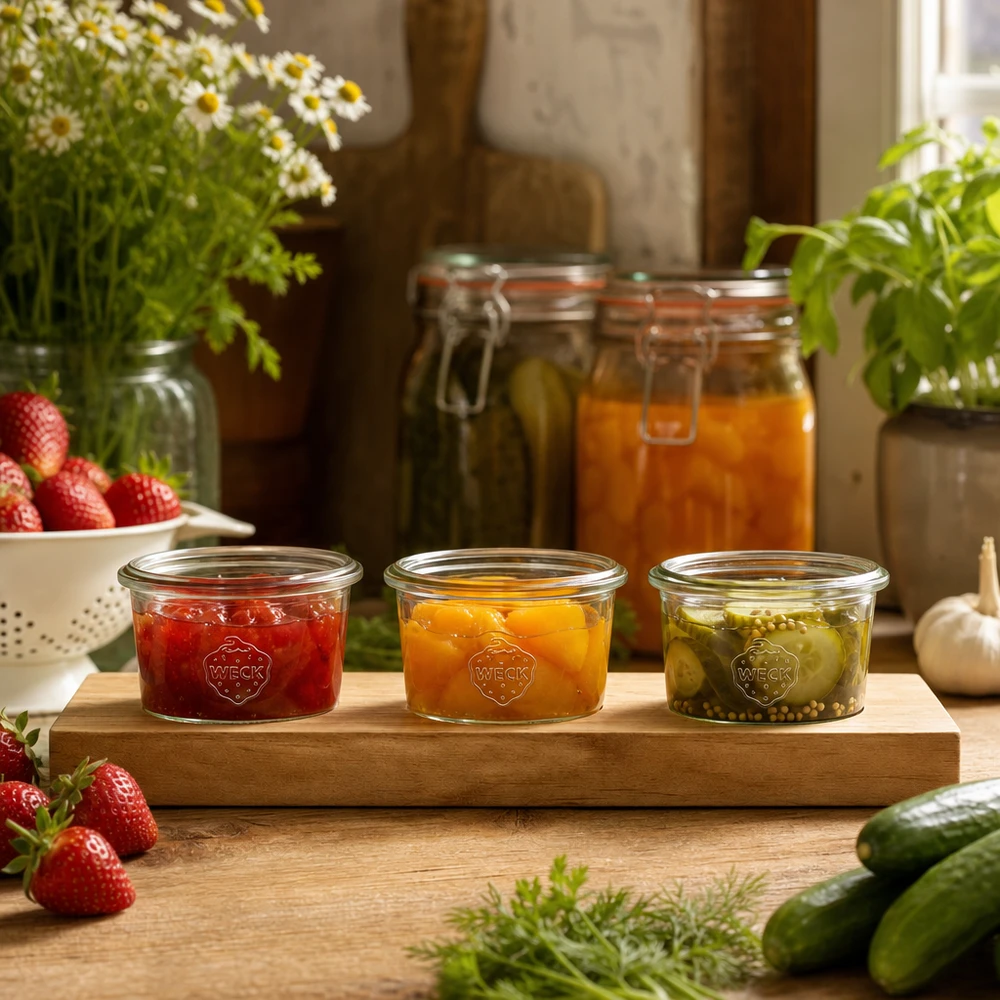 Servierbrett Plano3 mit 3 Weck Sturzgläsern 80ml Weck Sturzgläser 80ml mit bunten Marmeladen und Pickles auf Holz-Servierbrett in rustikaler Küche