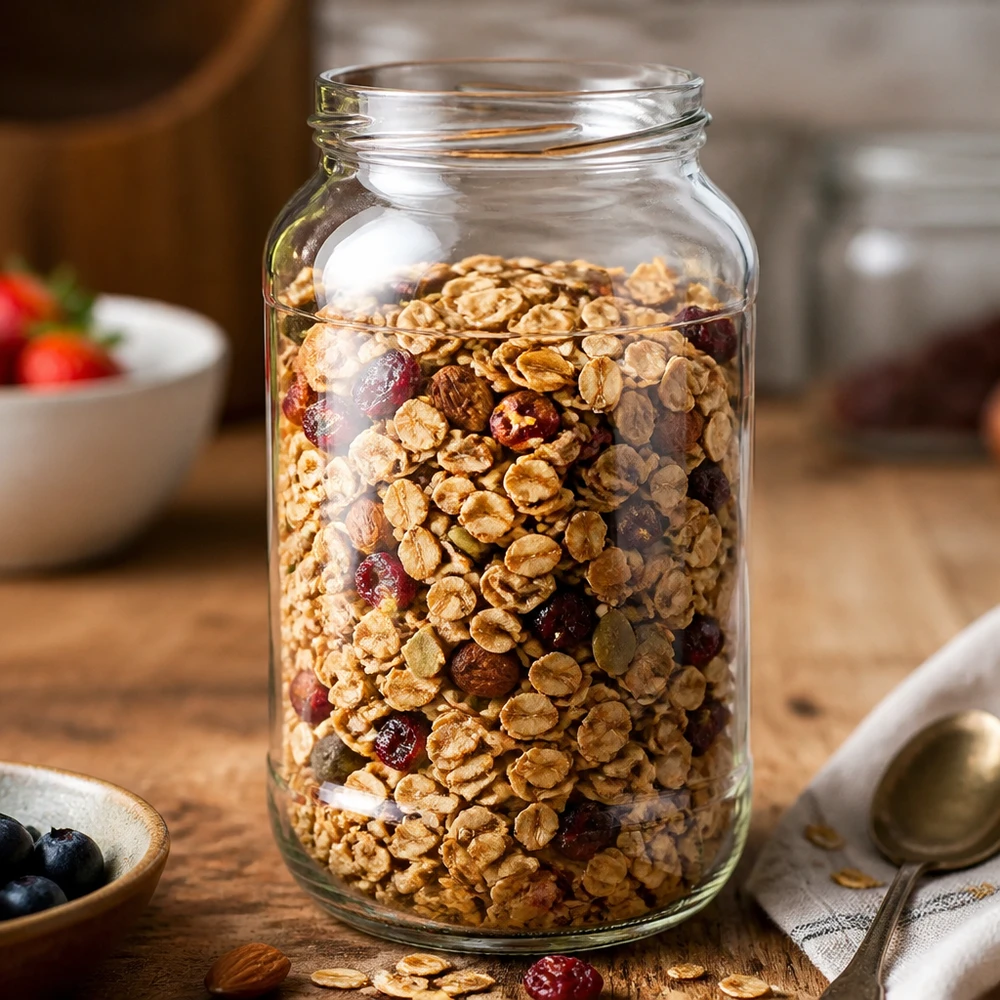 Rundglas UNiTWIST Runda 1062ml TO82 gefüllt mit Müsli und Trockenfrüchten für gewerbliche Lebensmittelabfüllung