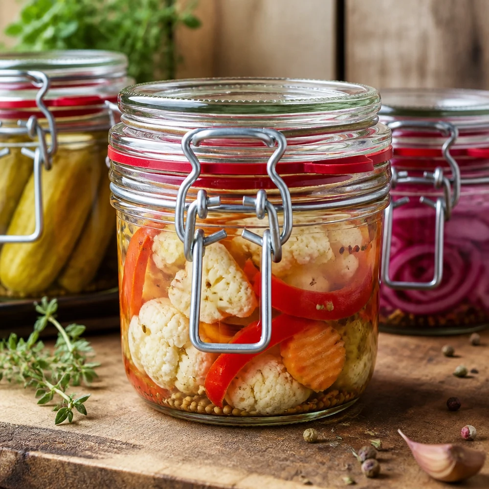255ml Einweckglas mit Bügelverschluss gefüllt mit mariniertem Gemüse - professionelle Konservierung für Gastronomie
