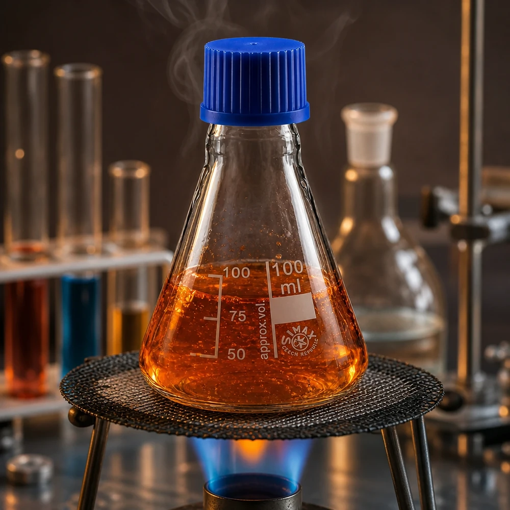 Erlenmeyerkolben 100ml mit Schraubkappe Erlenmeyerkolben 100ml Glas mit blauer Schraubkappe für professionelle Laboranwendungen bei Pacadura