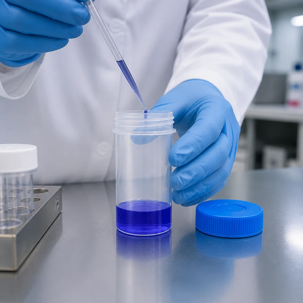 Universal Kunststoffdose (Pathogefäss) 50ml Laborant befüllt sterile Universal Kunststoffdose Pathogefäss 50ml mit blauem Schraubdeckel im Labor