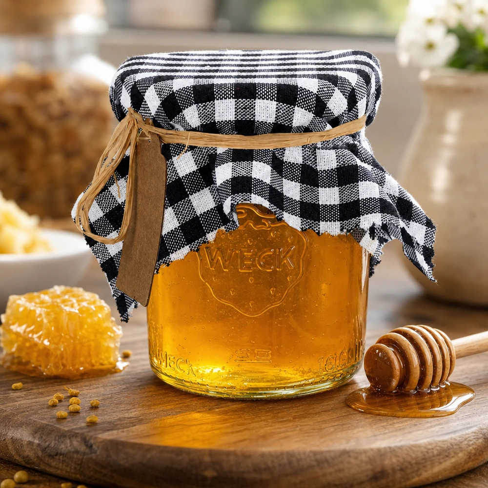 Honigbrot mit kariertem Schmuckdeckchen auf Weckglas und Honigwabe auf Holzbrett rustikale Küchendeko