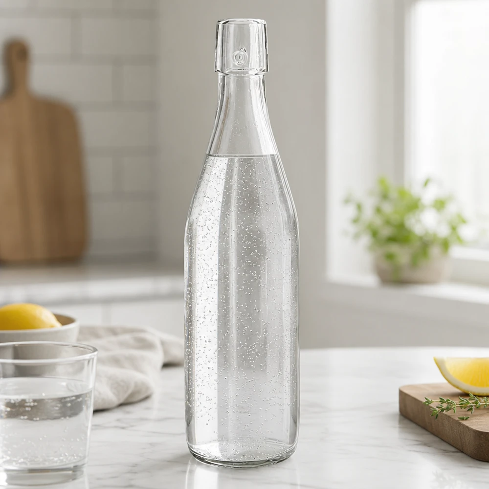 500ml Glasflasche ohne Bügelverschluss UNiTWIST® 500ml UNiTWIST Glasflasche mit Sprudelwasser befüllt auf Marmortheke in moderner weißer Küche mit Zitrone