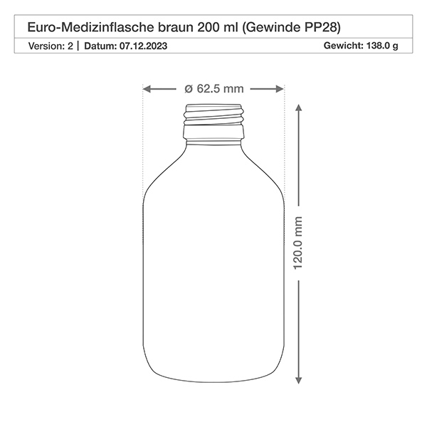 200ml Medizinflasche braun, ohne Verschluss PP28 ApoGlas 200ml Medizinflasche braun, ohne Verschluss PP28 ApoGlas