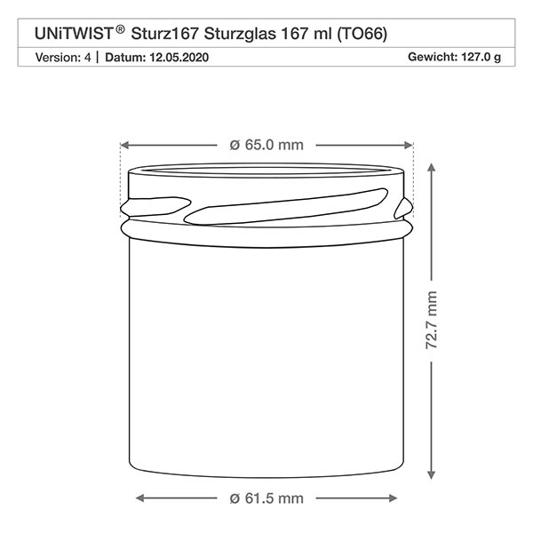 UNiTWIST Sturz167 Sturzglas 167ml TO66 technische Zeichnung mit Maßen Durchmesser 65mm Höhe 72,7mm Gewicht 127g