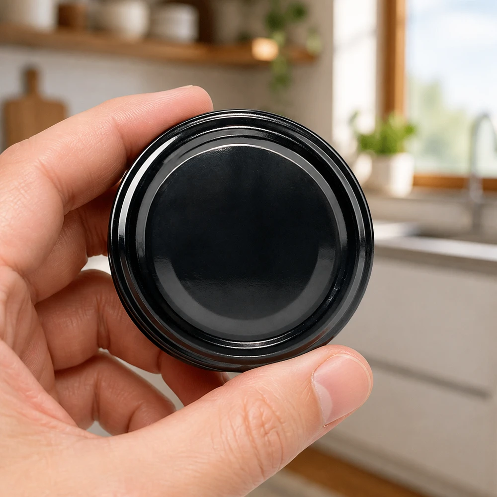 Hand hält schwarzen TO82 Twist-Off-Deckel BioSeal BPA-NI Metalldeckel für Einmachgläser gewerblicher Einsatz