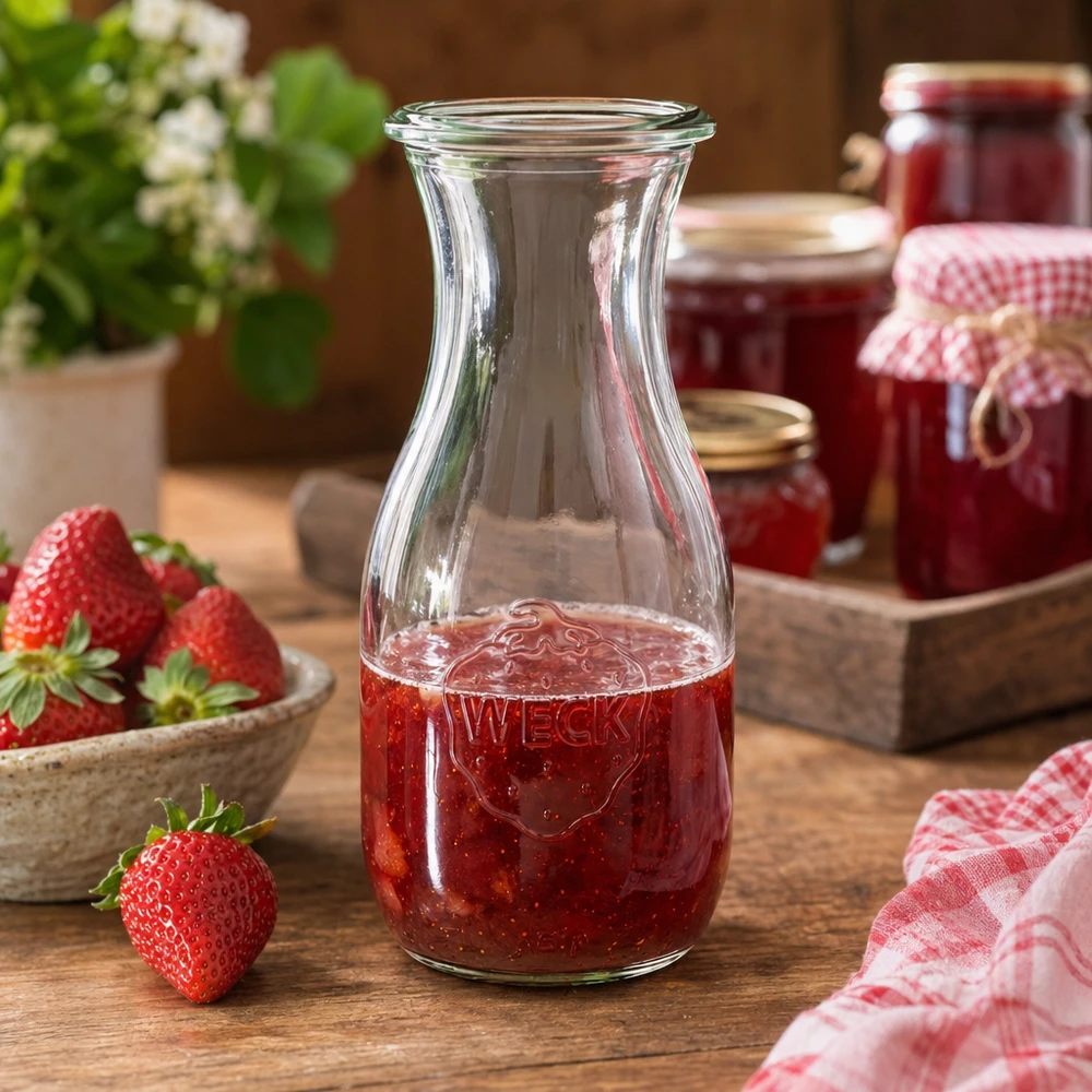 WECK Saftflasche 530ml RR60 mit Erdbeersaft gefüllt neben Marmeladengläsern und kariertem Küchentuch rustikal dekoriert