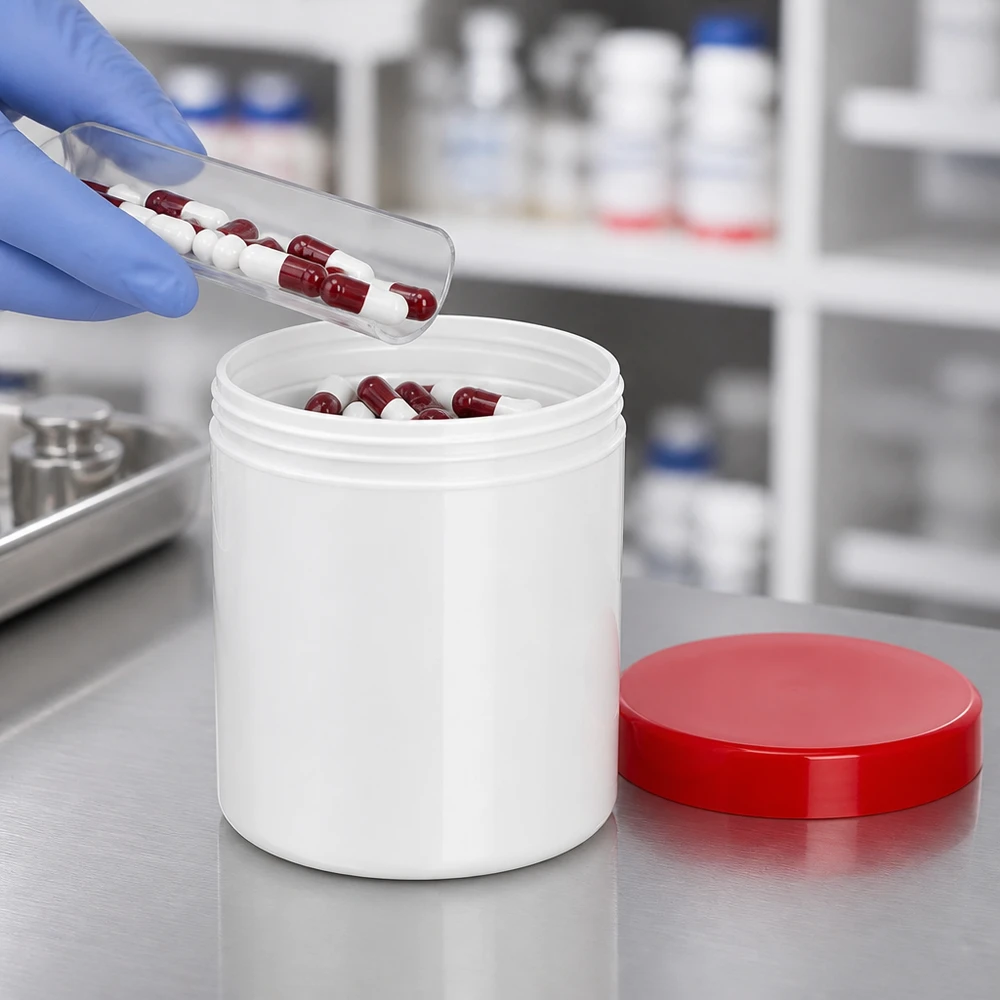 Salbenkruke 200g weiß PP mit rotem Schraubdeckel für pharmazeutische Abfüllung im Labor