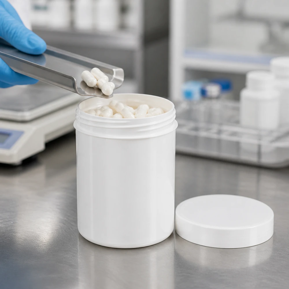 Salbenkruke 500g weiß mit weißem Schraubdeckel (Polypropylen) Salbenkruke 500g weiß PP-Kunststoff mit weißem Schraubdeckel für pharmazeutische Abfüllung