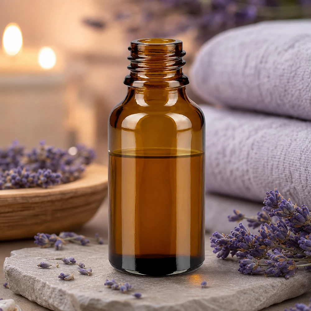 Tropfflasche 30 ml DIN 18 Braunglas NIEDRIGE FORM 30ml braune Glasflasche ApoGlas mit Lavendel und weißen Handtüchern in entspannender Spa Atmosphäre mit Kerzen