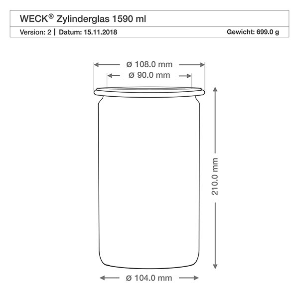 1590ml Zylinderglas WECK RR100 Technische Zeichnung WECK Zylinderglas 1590ml RR100 mit Maßangaben und Abmessungen für Holzkugel-Verschluss