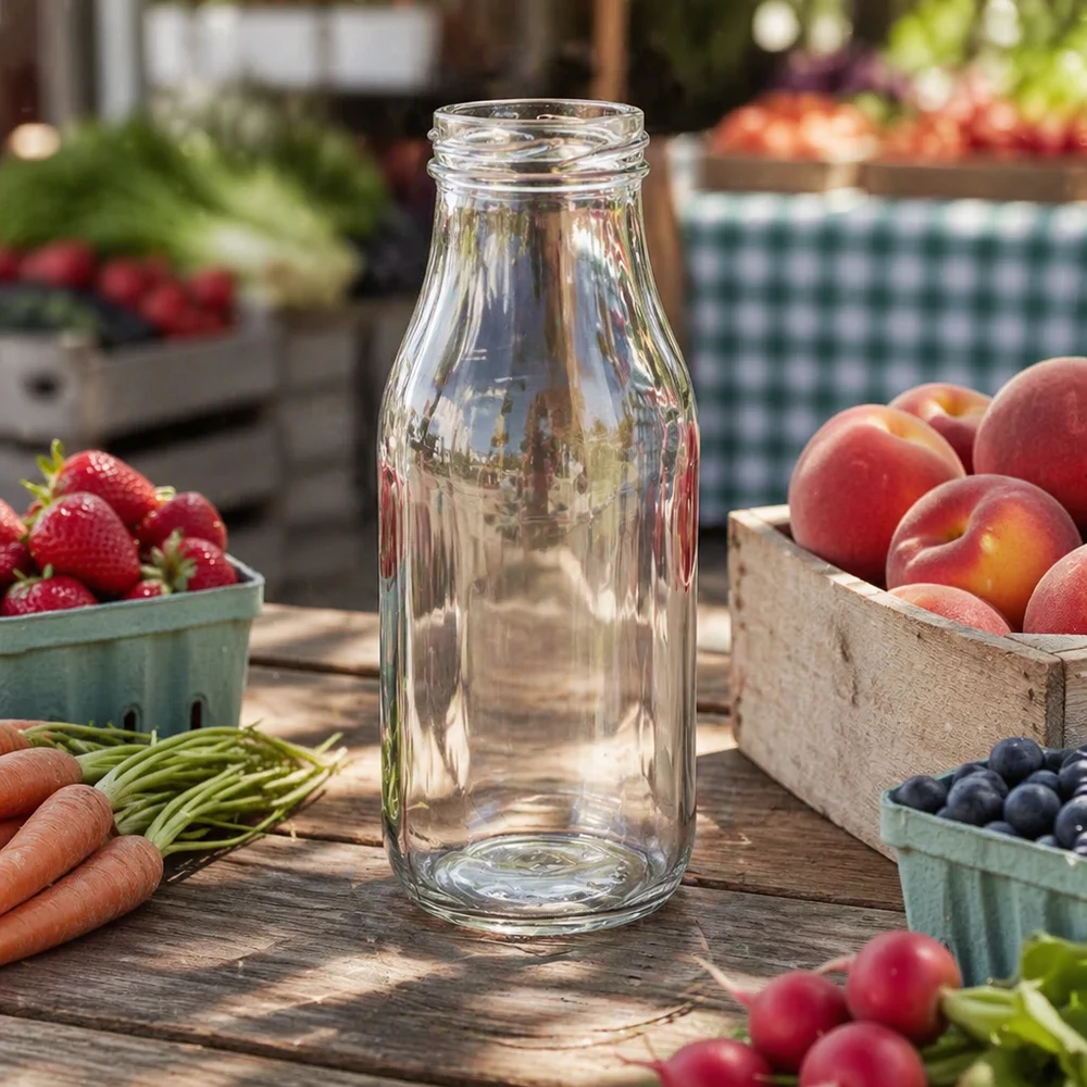 263ml Flasche ohne Deckel (TO43) UNiTWIST Glasflasche UNiTWIST 263ml TO43 Gewinde für professionelle Anwendung im Lebensmittelbereich auf Holztisch mit Obst