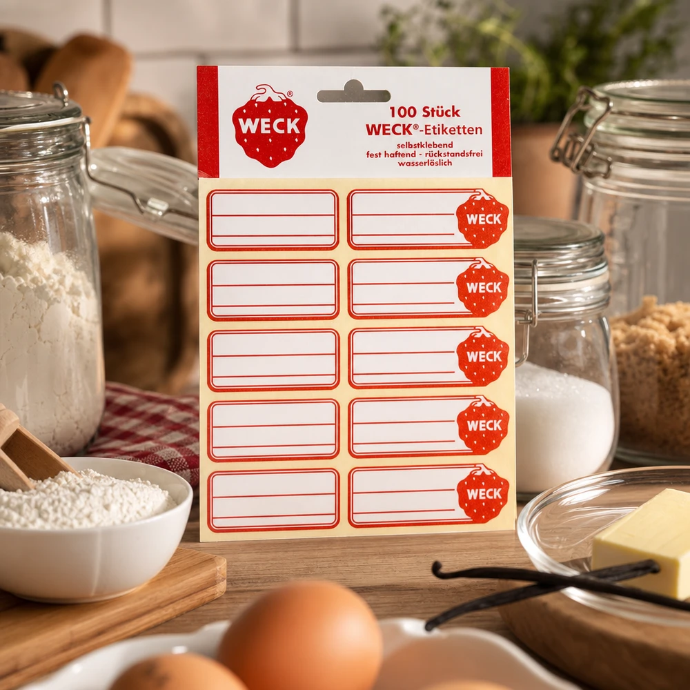 WECK Etiketten Packung mit 100 roten Aufklebern in Küche mit Vorratsglasern Eiern Butter Getreide Backzutaten