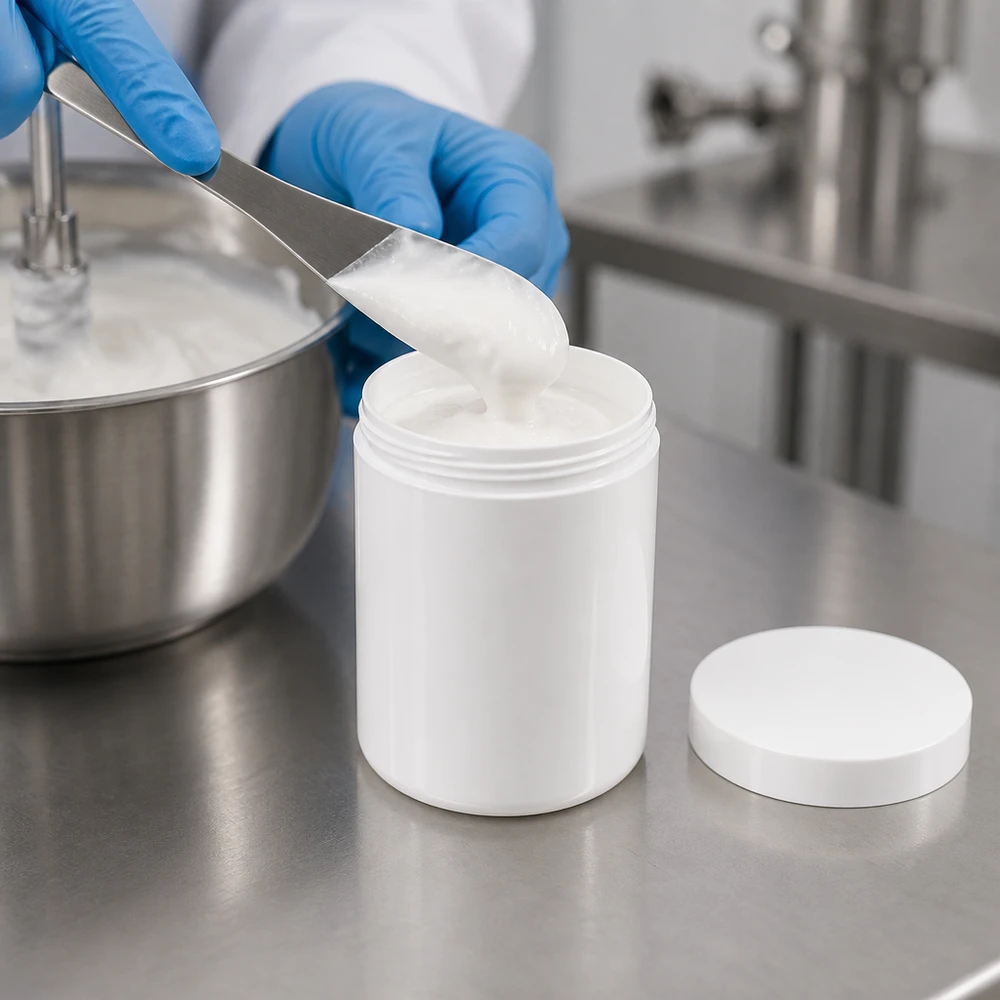 Salbenkruke 800g weiß mit weißem Schraubdeckel (Polypropylen) Salbenkruke 800g weiß PP-Kunststoff mit Schraubdeckel für professionelle Abfüllung pharmazeutischer Cremes