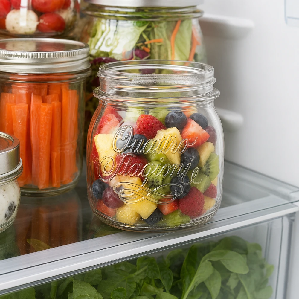 250ml Rundglas "Quattro Stagioni" QS70mm 250ml Quattro Stagioni Haushaltsglas mit Früchten gefüllt im Kühlschrank für professionelle Lebensmittelaufbewahrung