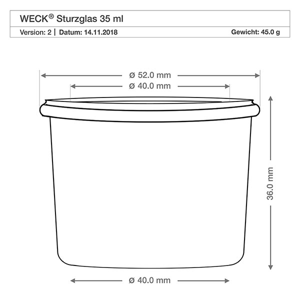 Technische Zeichnung WECK Sturzglas 35ml RR40 mit Maßangaben, Durchmesser 40mm und 52mm, Höhe 36mm, Gewicht 45g
