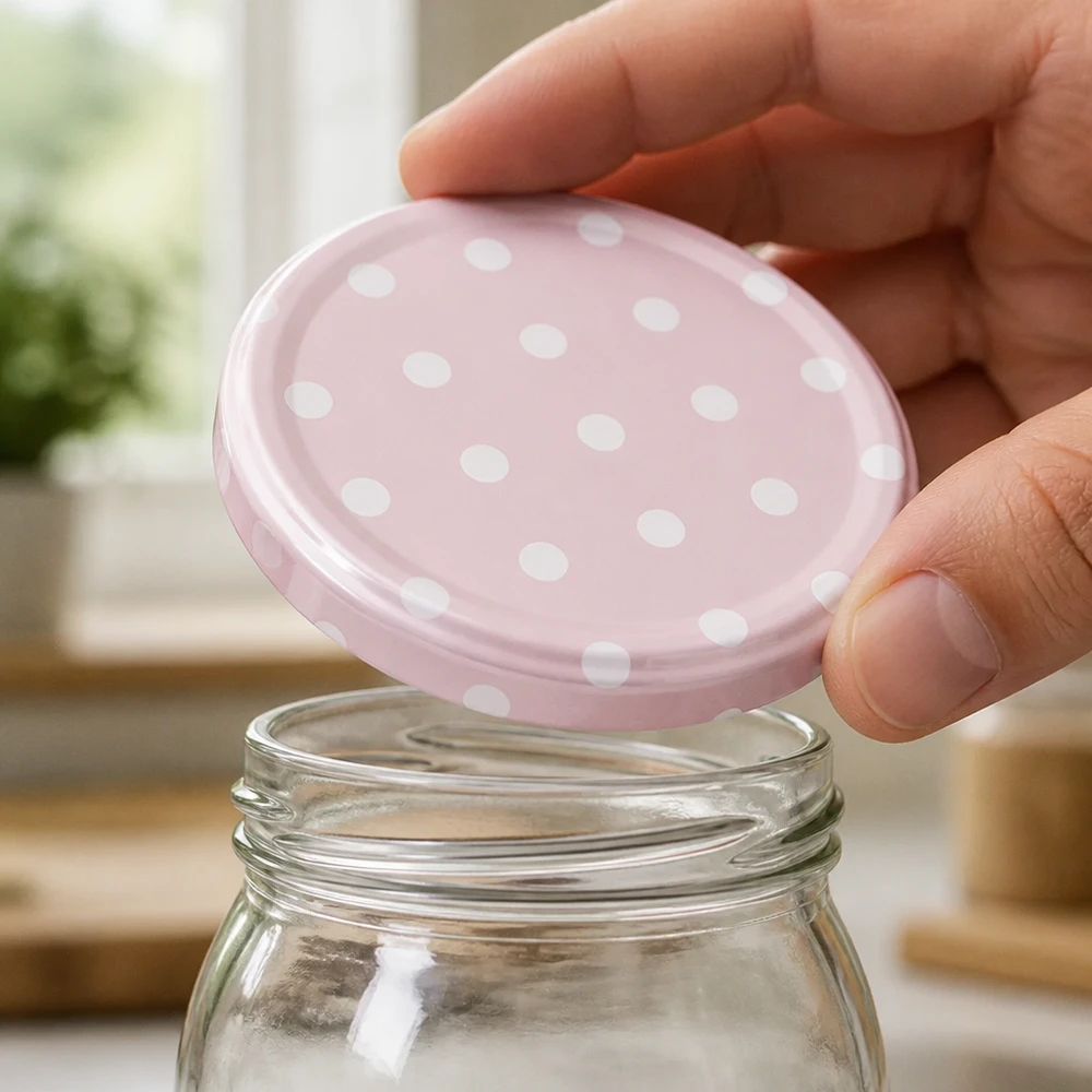 58mm TO58 BasicSeal Einmachdeckel Punkte rosa matt wird auf Einmachglas aufgesetzt Großhandel Pacadura