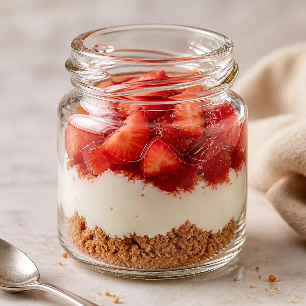 53ml Rundglas ohne Deckel (TO43) UNiTWIST UNiTWIST Runda53 Rundglas 53ml TO43 mit Erdbeer-Cheesecake-Dessert befüllt gewerblicher Einsatz Pacadura