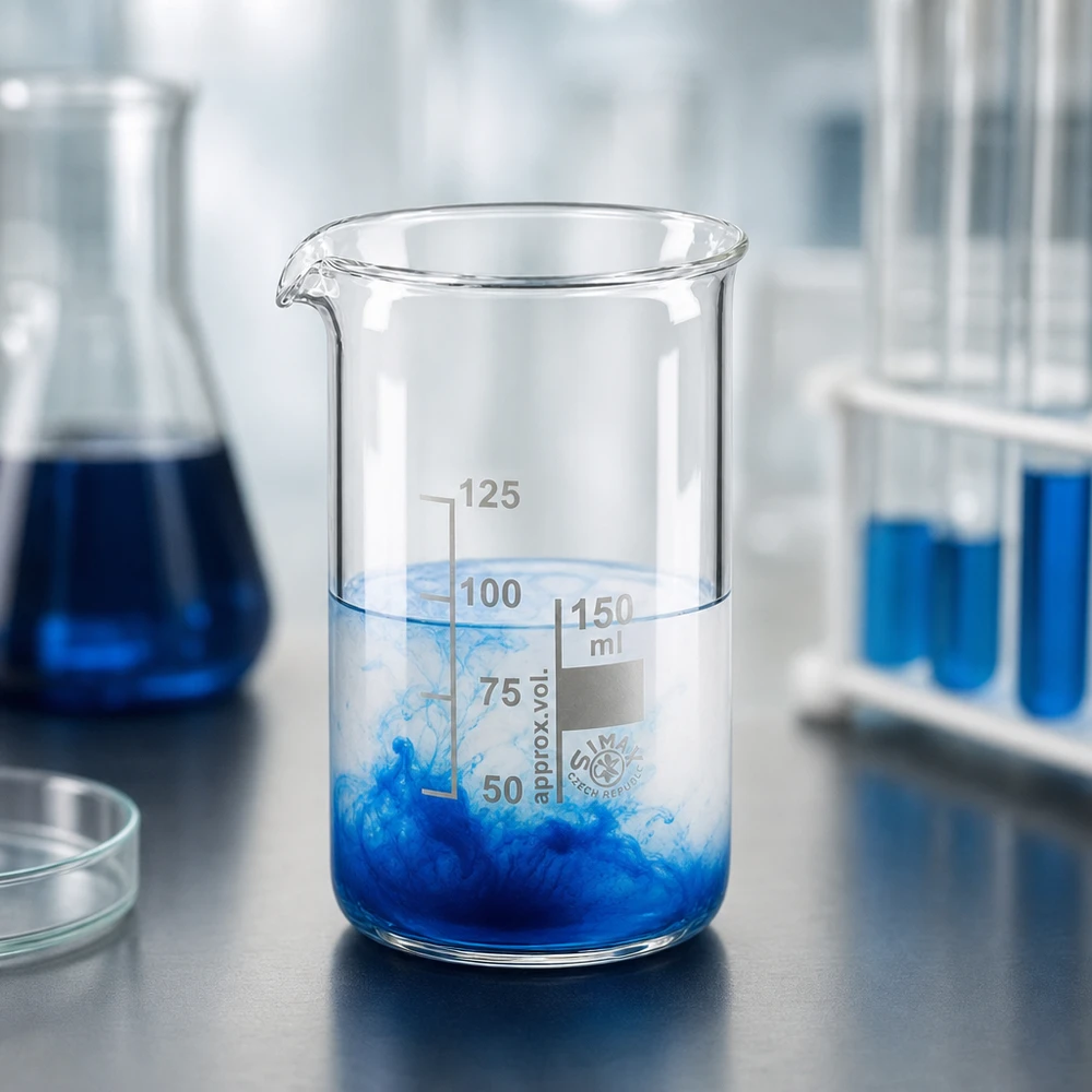 Becherglas 150ml hohe Form Borosilikatglas mit blauer Lösung im Labor für professionellen Einsatz