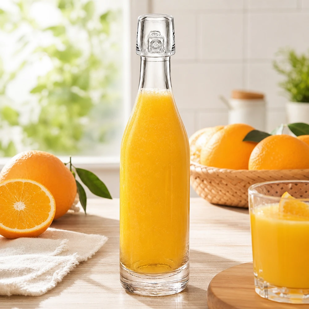 50ml Glasflasche UNiTWIST mit Orangensaft befüllt zwischen frischen Orangen heller Küche Fensterlicht