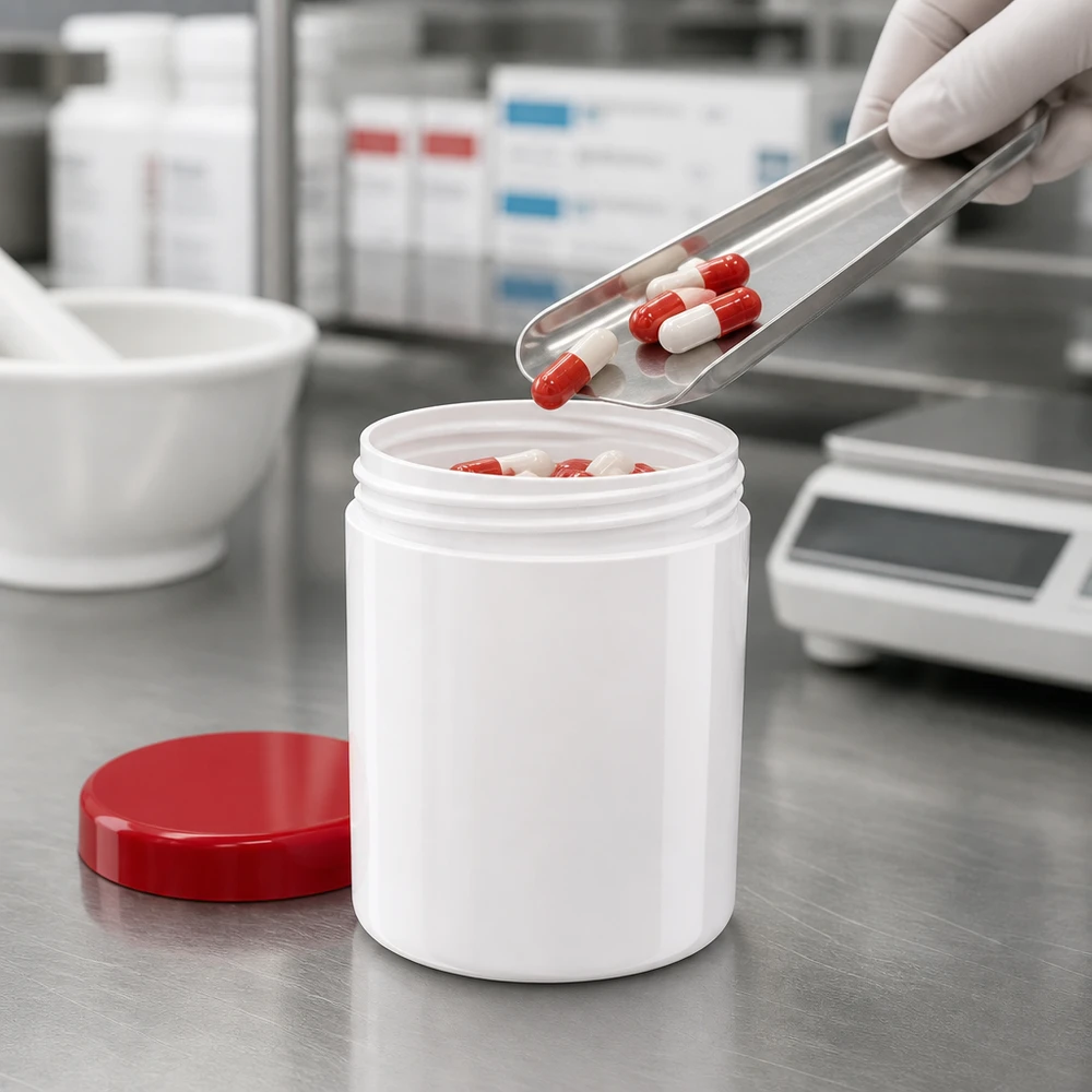 Salbenkruke 50g aus PP in Weiß mit rotem Schraubdeckel für pharmazeutischen und gewerblichen Einsatz