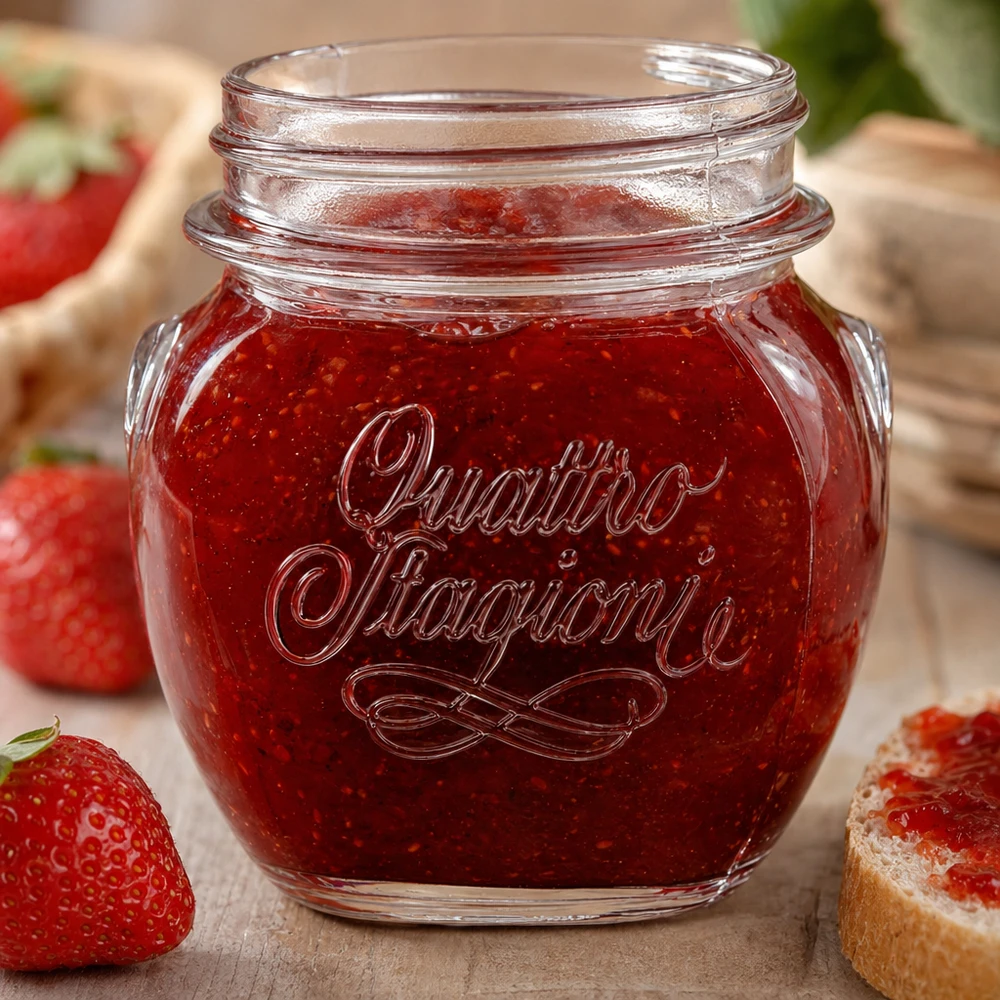 300ml Quattro Stagioni Haushaltsglas mit Erdbeermarmelade gefüllt neben frischen Erdbeeren und Brot auf Holztisch