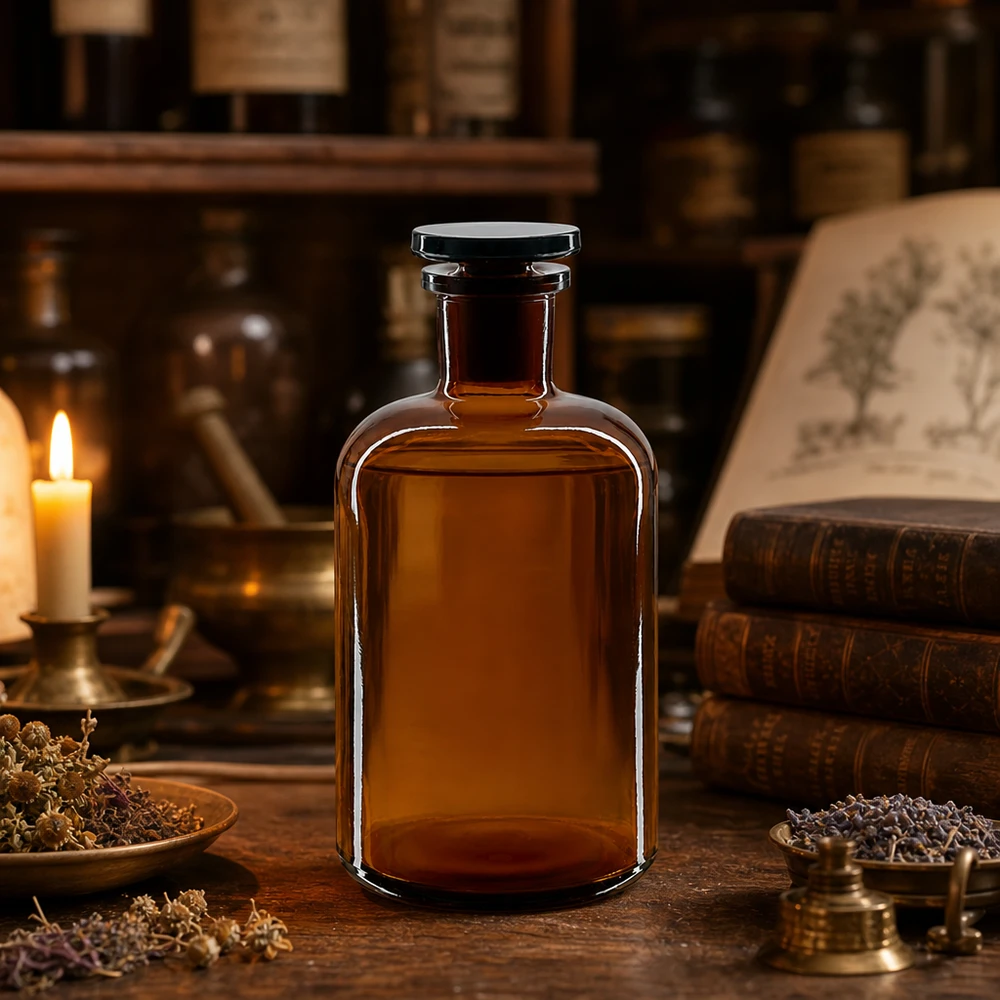 Rundschulterflasche 500ml Braunglas Enghals mit Glasstopfen für Labor Apotheke Chemie