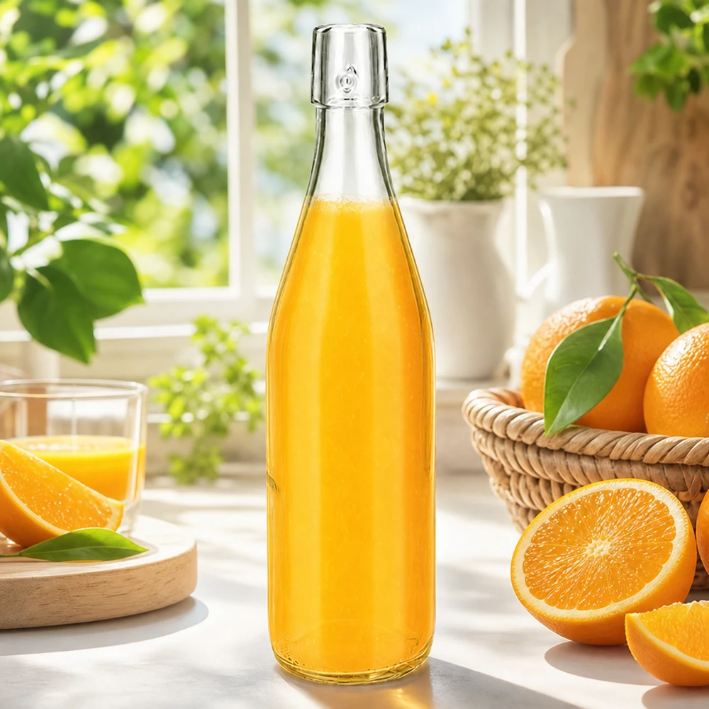 500ml UNiTWIST Glasflasche mit Orangensaft befüllt auf Fensterbank mit frischen Orangen als Gastronomie-Anwendung