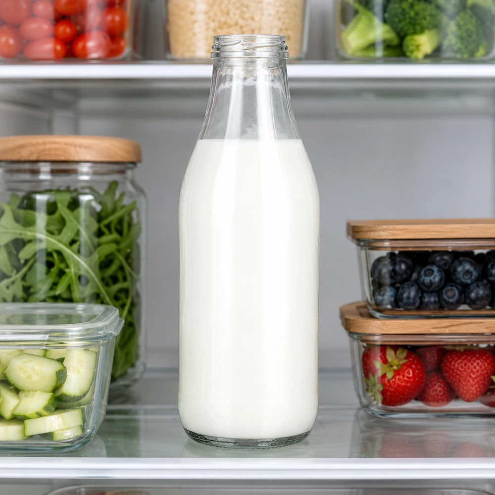 1000ml Glasflasche ohne Deckel (TO48) UNiTWIST 1000ml Glasflasche TO48 UNiTWIST mit Milch gefüllt im Kühlschrank neben Lebensmittelbehältern professionelle Lagerung