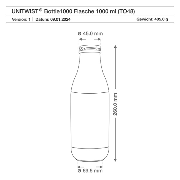 Technische Zeichnung 1000ml UNiTWIST Glasflasche mit Maßangaben 260mm Höhe 45mm Halsöffnung TO48 Gewinde