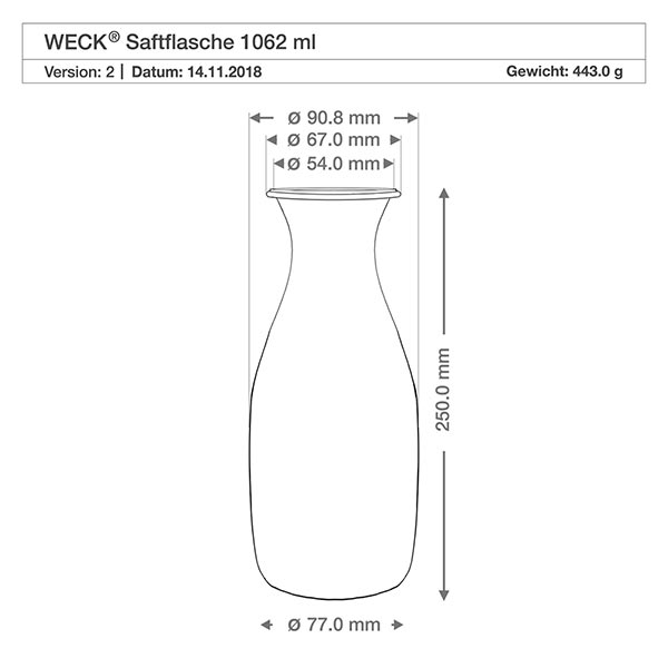 WECK Saftflasche 1062ml RR60 technische Zeichnung mit Maßangaben Durchmesser Höhe Gewicht für Gewerbekunden