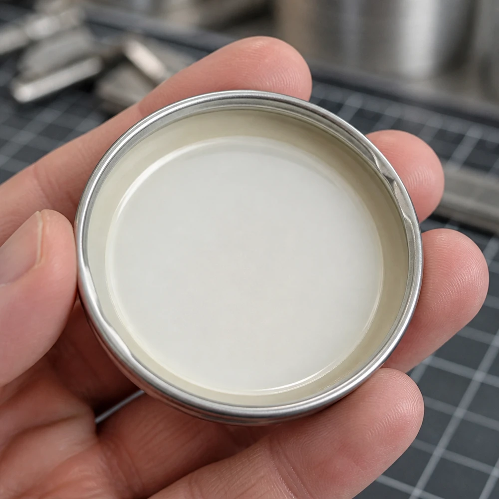 Geöffneter 100mm BasicSeal Deckel silber matt TO100 UN aus Weißblech in Handinnenfläche