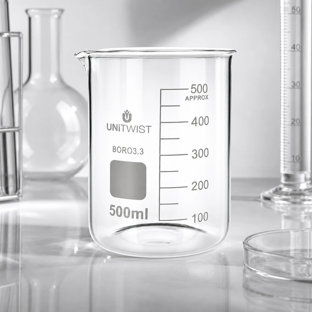 Becherglas 500ml Borosilikat, niedrige Form UNiTWIST Becherglas 500ml Borosilikat 3.3 niedrige Form UNiTWIST für professionellen Laboreinsatz