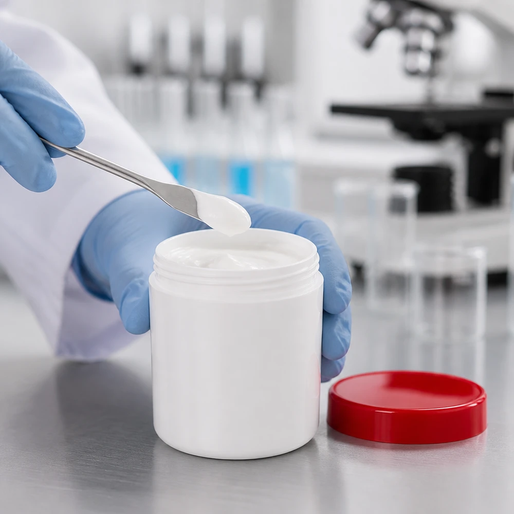Salbenkruke 50g weiß mit rotem Schraubdeckel (Polypropylen) Salbenkruke 50g weiß PP-Kunststoff roter Schraubdeckel Labor Apotheke professionell