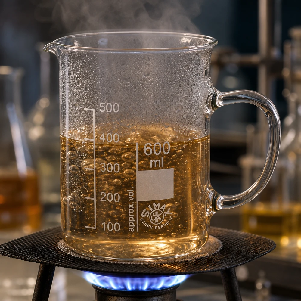 Becherglas 600ml Borosilikatglas mit Henkel auf Bunsenbrenner erhitzt für professionellen Laboreinsatz
