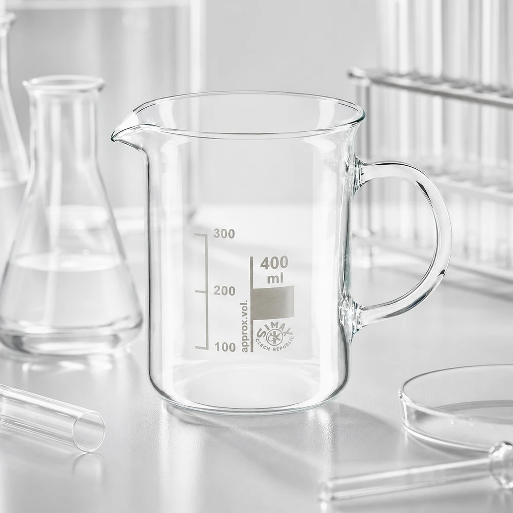 Becherglas 400ml Borosilikatglas, mit Henkel Becherglas 400ml Borosilikatglas mit Henkel für Labor und Gewerbe von Simal Czech Republic